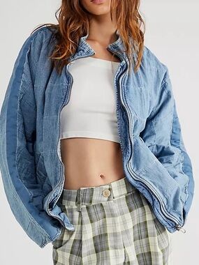 Free People Light Denim Blue Quilted Bomber Jacket